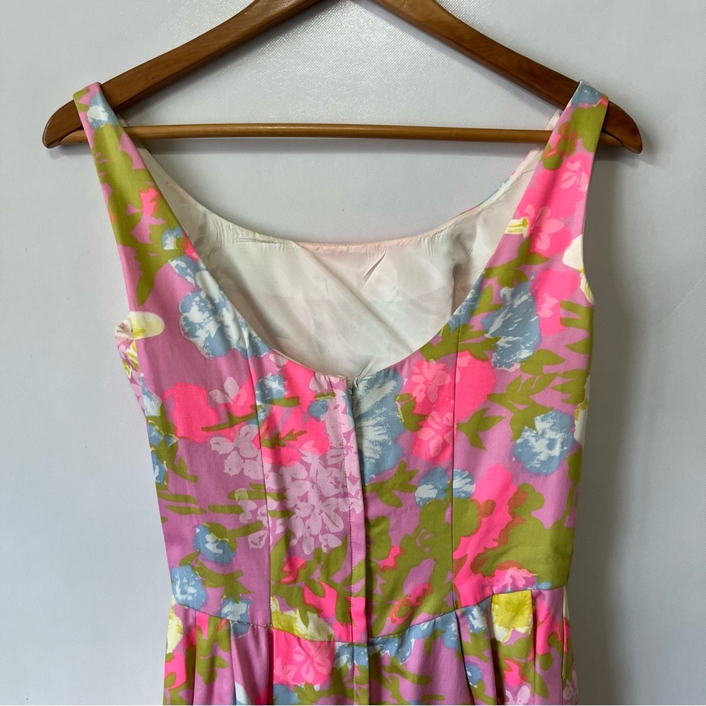 Vintage Mardi Gras Pink Floral MCM Mod Long Dress - Picture 4 of 13